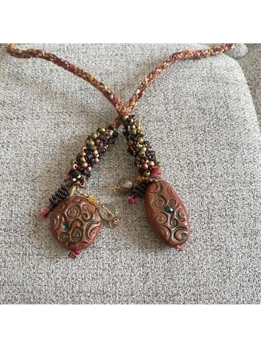 Handcrafted Lariat Necklace Beaded Polymer Clay Warm Earthy Tones 52”
